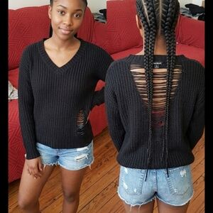 Women's Black V-Neck Sweater with Distressed Ladder Back 21 inch p2p